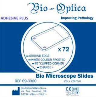 Microscope slides Bio-Optica adhesive plus, ground edge 90°, white frosted with white end, compatible with thermal transfer printers - x72 pcs
