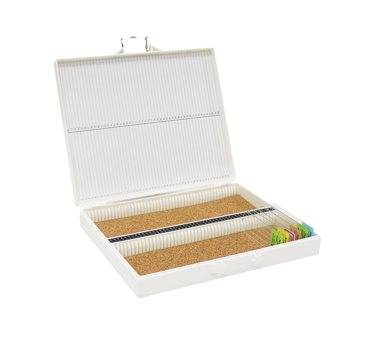 Slide Storage Boxes for 100 Pieces of 25.0x75.0mm (1"x3") Slides, with Steel Lock, Grey Color, ABS Material. With Cork Steel on the Bottom and Index List Inside the Lid