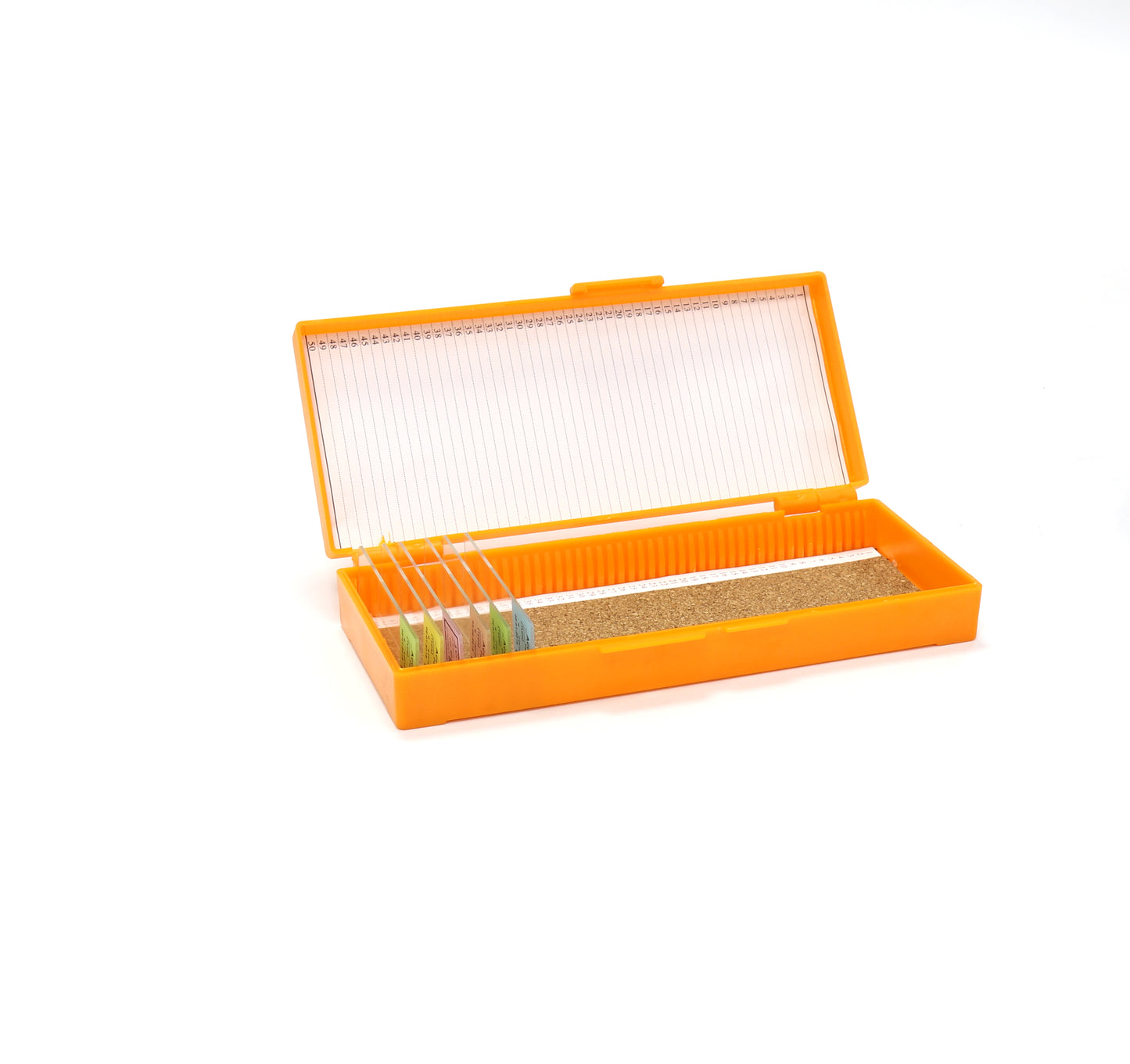 Slide Storage Boxes for 50 Pieces of 25.0x75.0mm (1"x3") Slides, Orange Color, ABS Material. With Cork Sheet on the Bottom and Index List Inside the Lid
